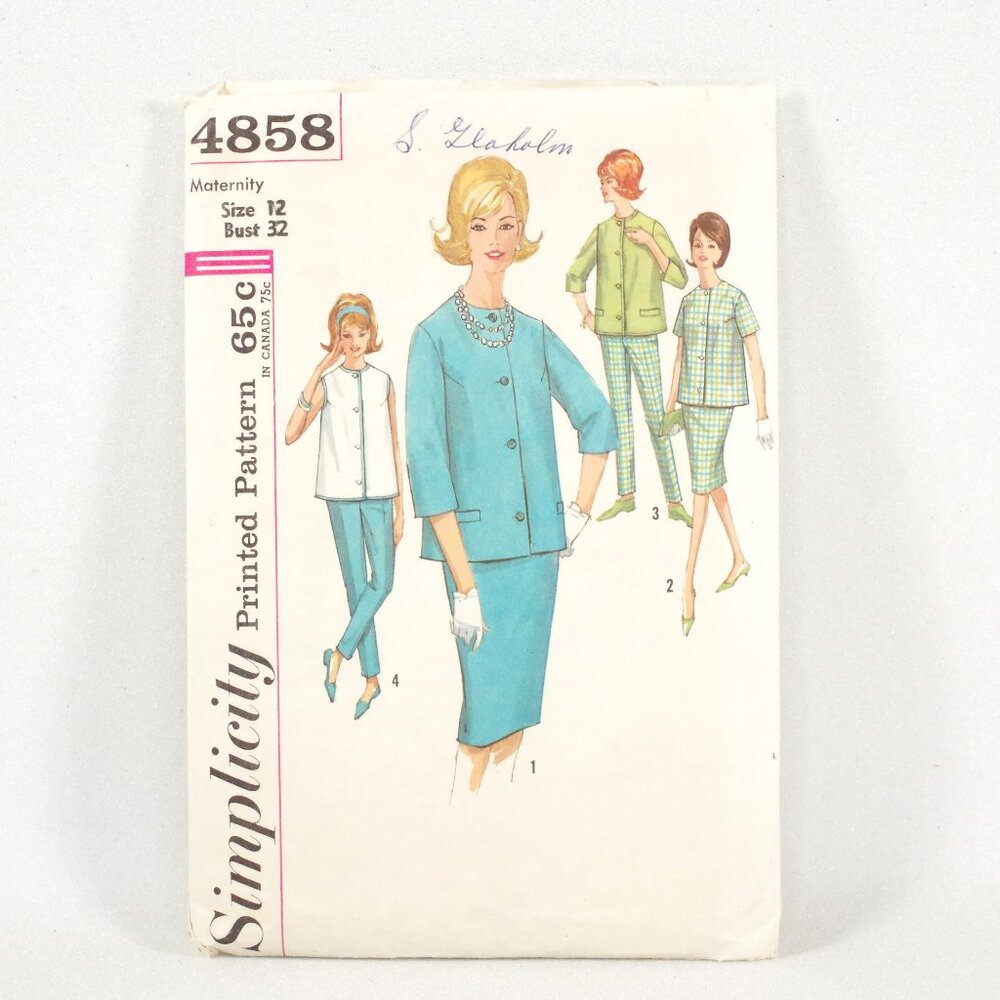 1960s Maternity Simplicity 4858 Top, Skirt, Pants Sz.12 B. 32" Cut But Complete